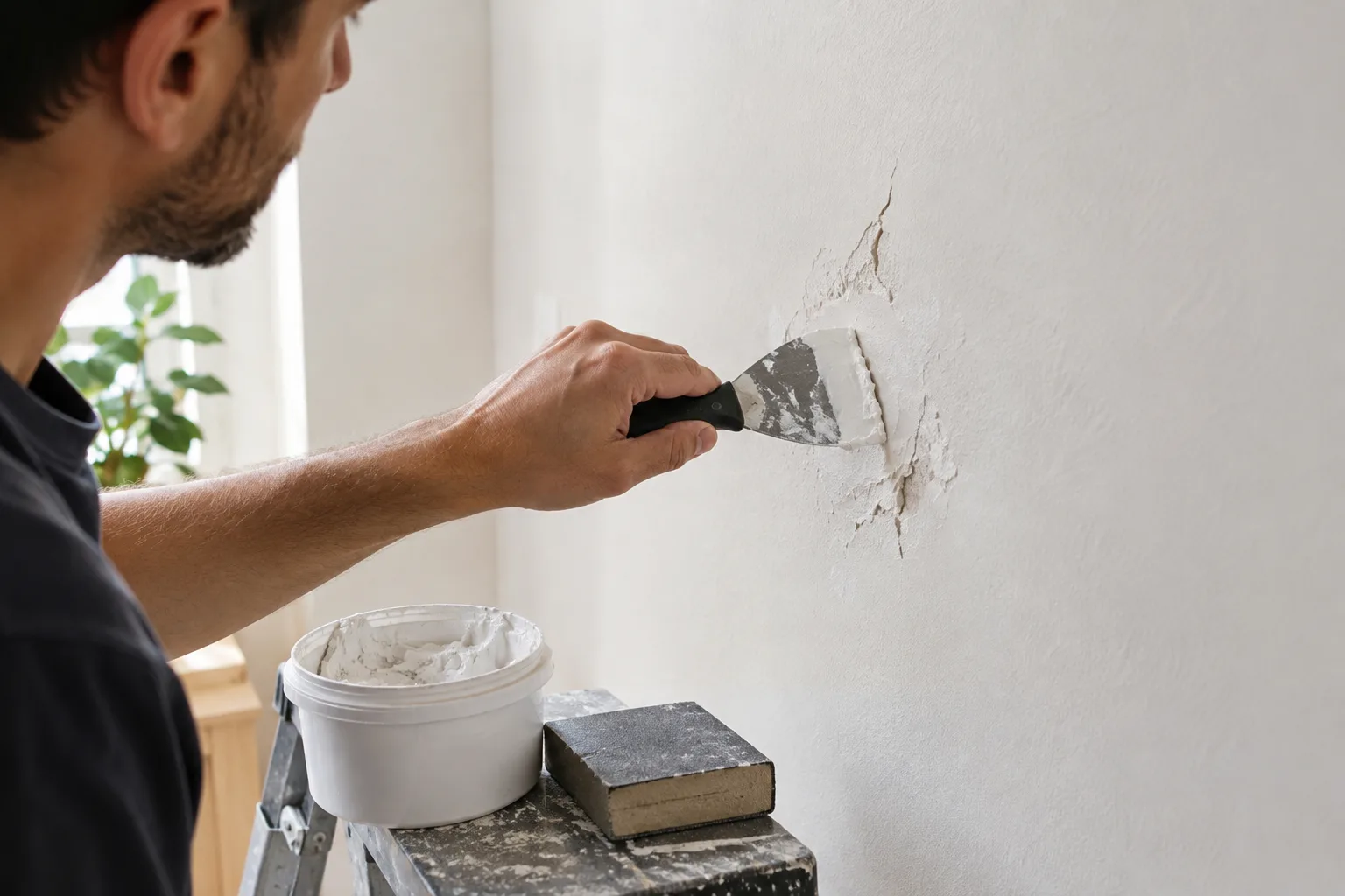 Un manitas reparando una grieta en la pared con masilla y espátula antes de aplicar una nueva capa de pintura.