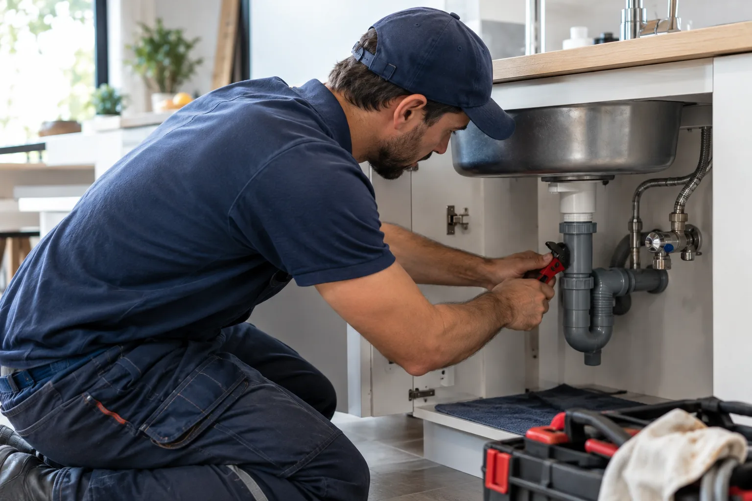 Fontanero realizando una reparación de tubería en una vivienda