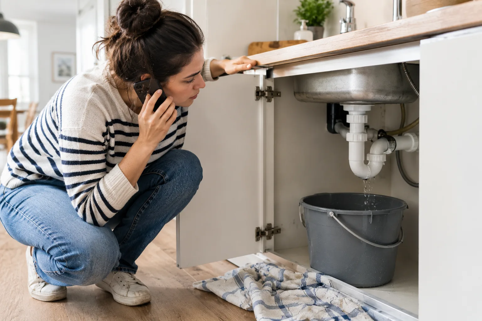 Una mujer localiza una fuga de agua en su domicilio y solicita la ayuda de un fontanero