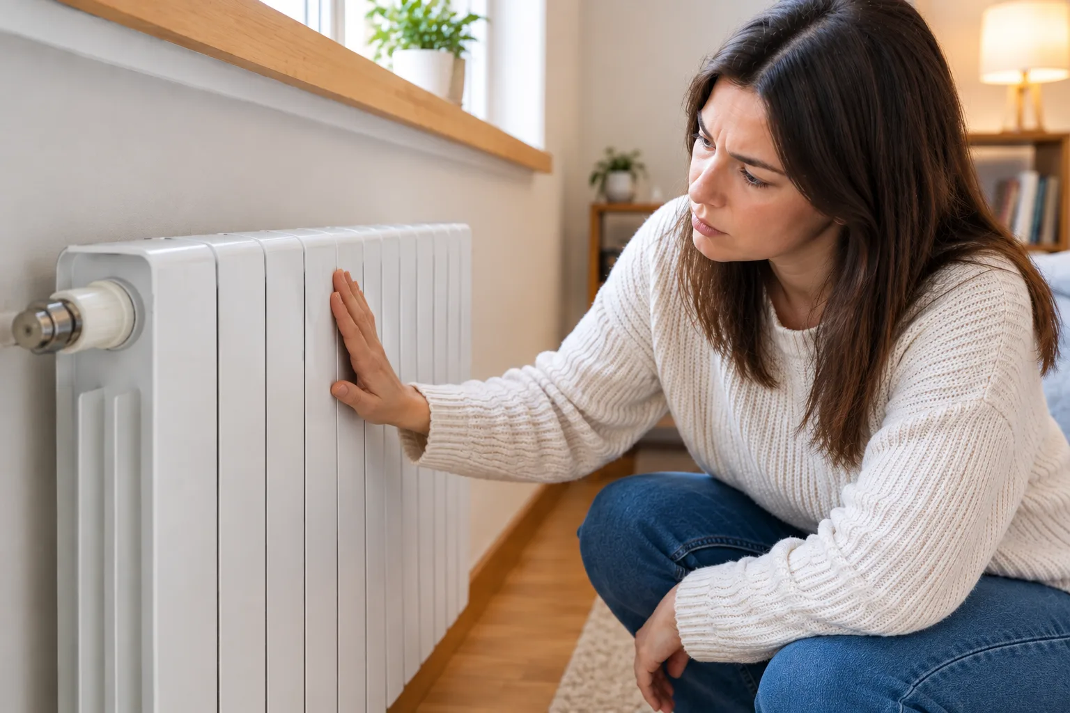 Una mujer comprueba si un radiador está frío, una de las primeras cosas que conviene revisar cuando no calienta